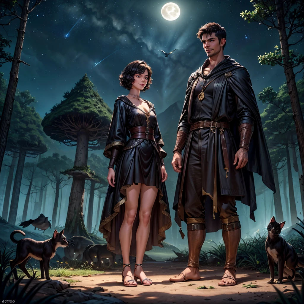 a beautiful woman with pale skin, short black pixie cut hair, piercing eyebrow, delicate small lips, amber and small eyes, extremely fun smile, standing next to her dark-skinned long curly-haired boyfriend, in a paradisiacal nature setting surrounded by cats, birds and night sky, illuminated forest with magical mushrooms on the floor, big full moon in the sky, couple witch, couple in kisses, (best quality,4k,8k,highres,masterpiece:1.2),ultra-detailed,(realistic,photorealistic,photo-realistic:1.37),portrait,fantasy,cinematic lighting,vibrant colors,magical scene