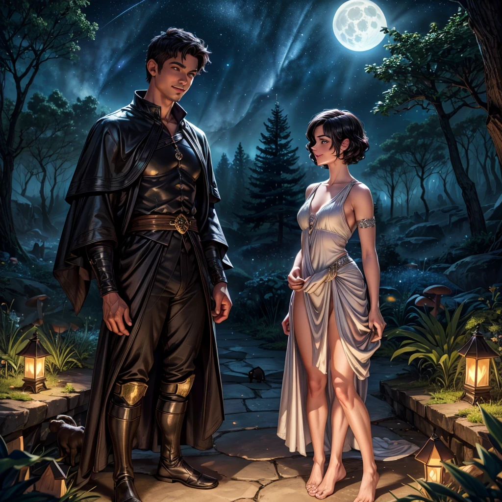 a beautiful woman with pale skin, short black pixie cut hair, piercing eyebrow, delicate small lips, amber and small eyes, extremely fun smile, standing next to her dark-skinned long curly-haired boyfriend, in a paradisiacal nature setting surrounded by cats, birds and night sky, illuminated forest with magical mushrooms on the floor, big full moon in the sky, couple witch, couple in kisses, (best quality,4k,8k,highres,masterpiece:1.2),ultra-detailed,(realistic,photorealistic,photo-realistic:1.37),portrait,fantasy,cinematic lighting,vibrant colors,magical scene
