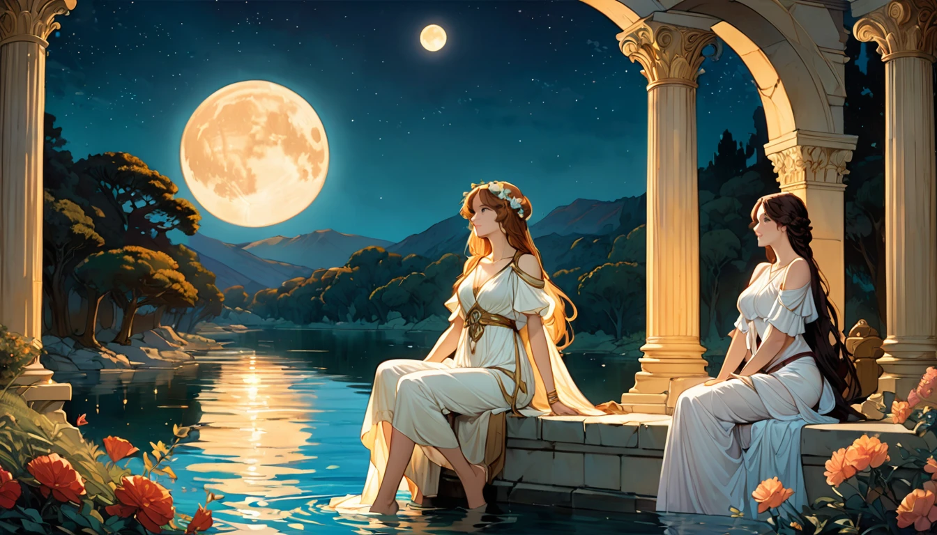 (Highest quality、High resolution、masterpiece)、4K Anime Art、(two women are sitting on a rock in the river、Facing each other、whole body、18-year-old)、(ancient greek scene) 、(Detailed depiction of a beautiful face)、Put your hair up、Captivating smile、(Ancient Greek Clothing、White tunic)、Movie Scenes、Soft Light、Ray Tracing、Soft Focus、greek architecture columns、greek pine、Classic atmosphere、Romantic atmosphere、Blur the background、(Full moon in the night sky:1.2)、(Alphonse Mucha Style)、(Edmund Leighton Style)、(alma tadema style)、(David Hamilton Style)、(Leonardo da Vinci Style)、