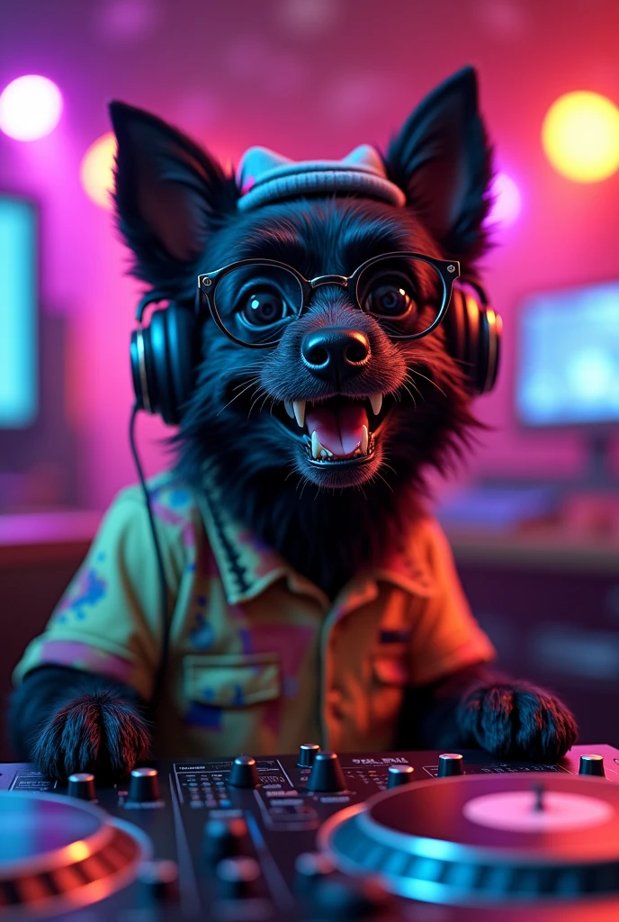 A black DJ dog who has crooked teeth 