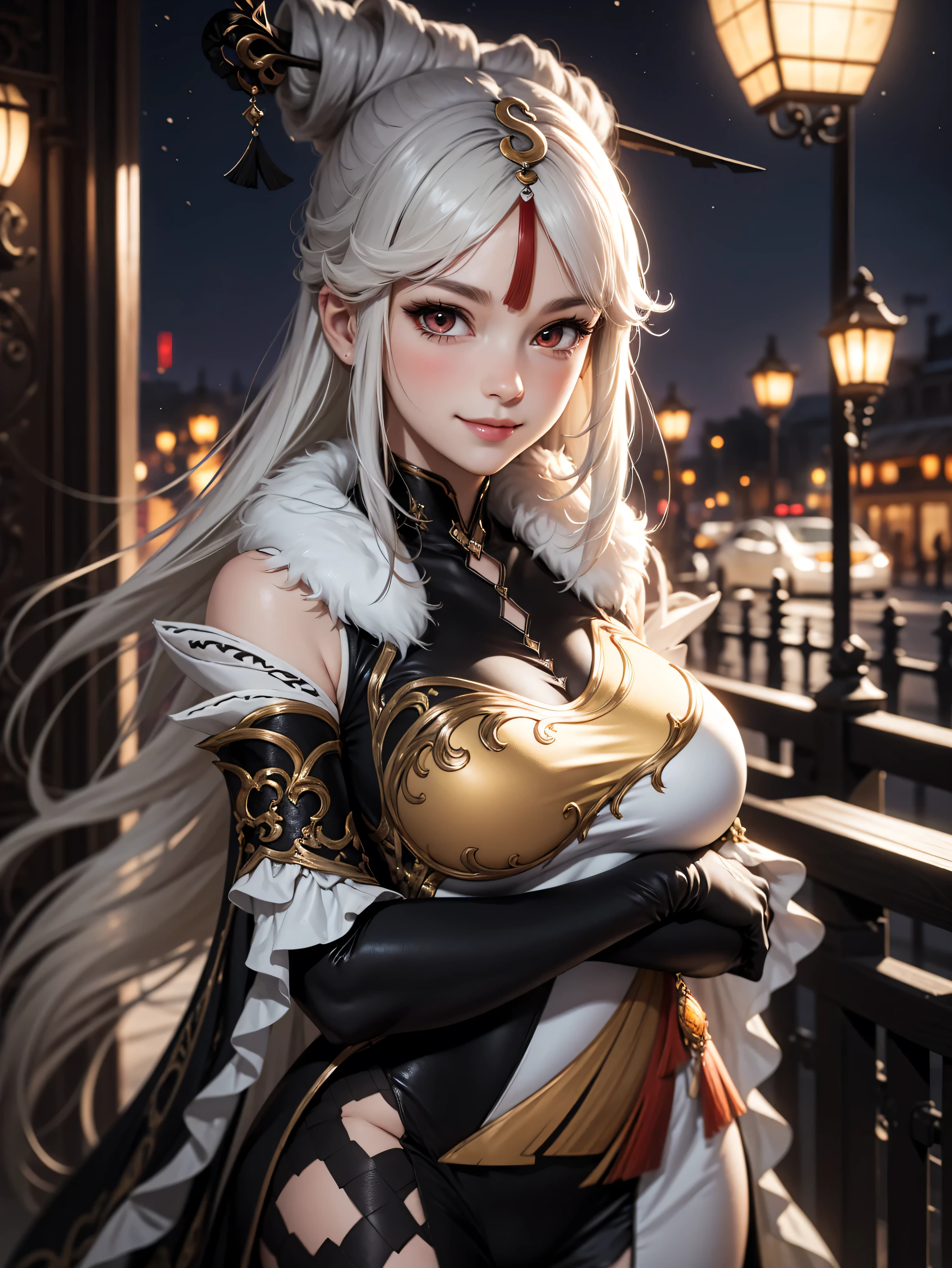 Masterpiece, high quality, 8k,detailed body, ultra detailed, detailed face, standing, blush, bright eye, outdoors, (detail face), ningguangdef, (gigantic breasts),(night), half body, smile,