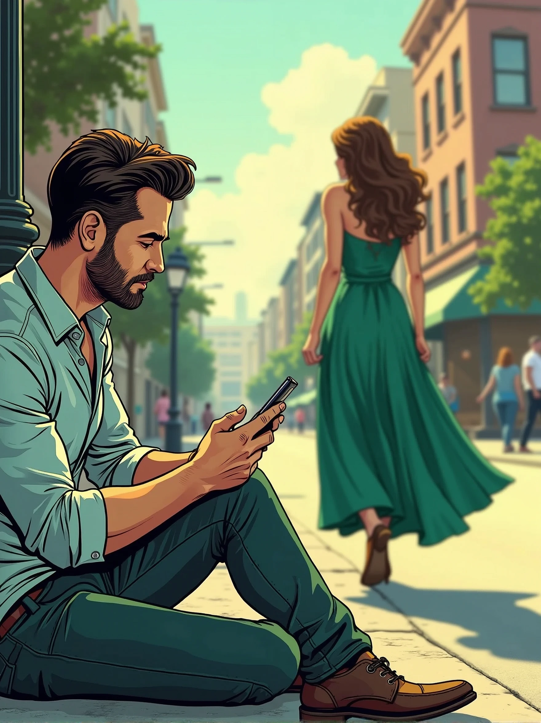 In comic style, a man sits on the side of the street and looks intently at his phone, and the street in the distance has the graceful back of a beautiful woman in a green dress