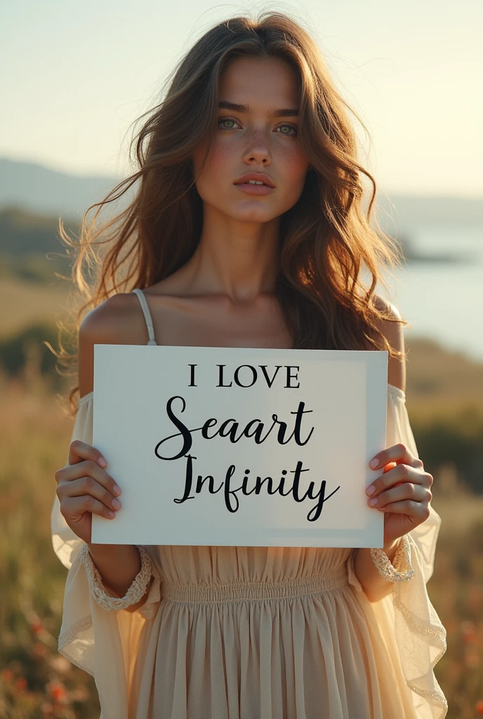 Beautiful girl with wavy long hair, bohemian dress, holding a white board with text "I Love Seaart Infinity" and showing it to the viewer