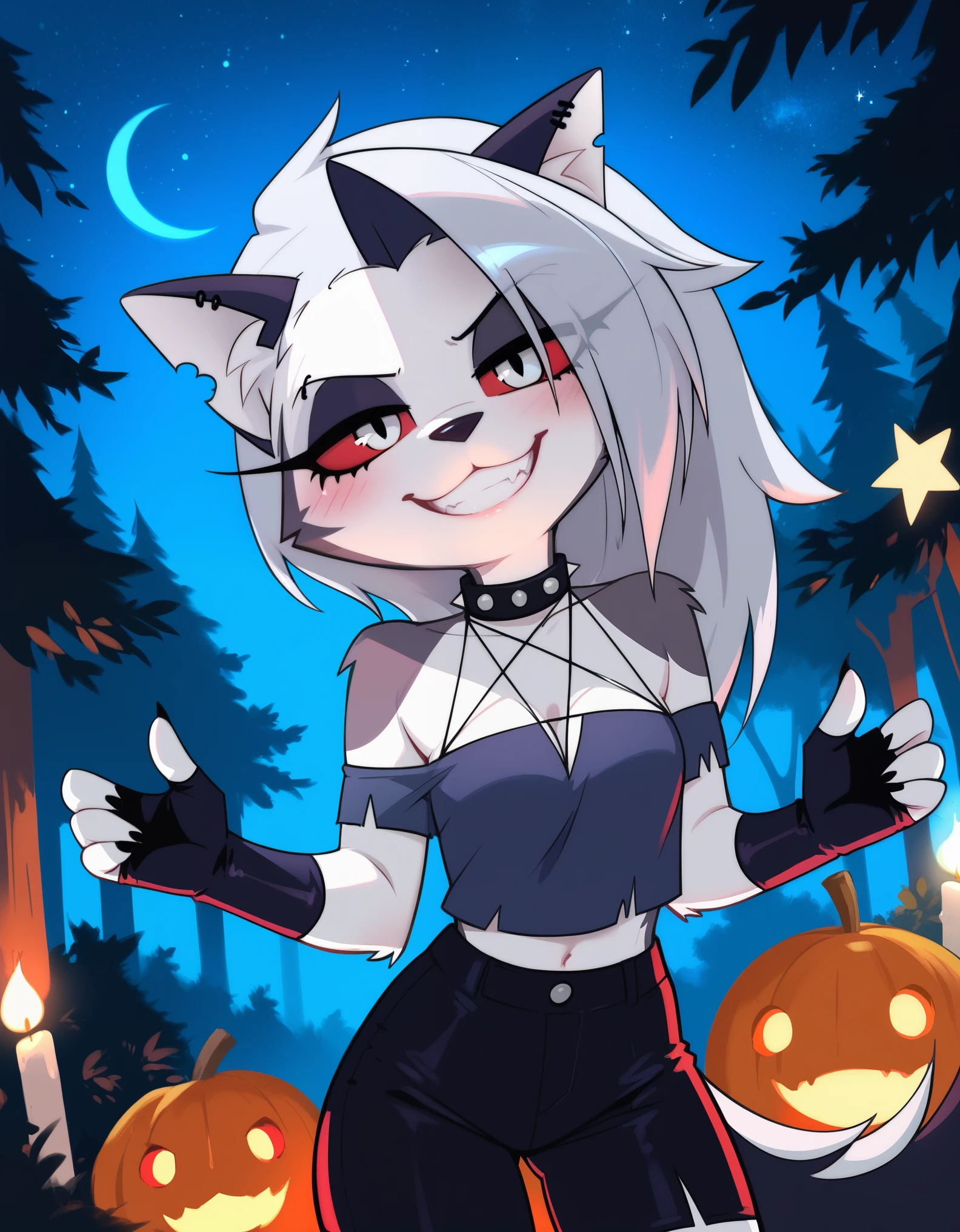 score_9_up, score_8_up, score_7_up,  rating_safe, furry, anthro, solo, loona(jizokumode), hellhound, red sclera, loona (helluva boss), tanktop, fingerless gloves, excited, blep, forest, night, stars, crescent moon, solo, forced smile, 4 fingers, inverted pentagram,