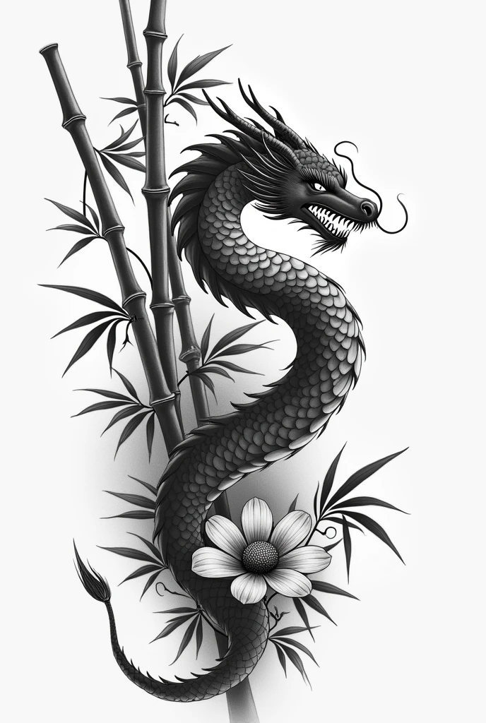 A colorless tattoo where you can detail bamboos along with a dragon and the Japanese-style hell flower