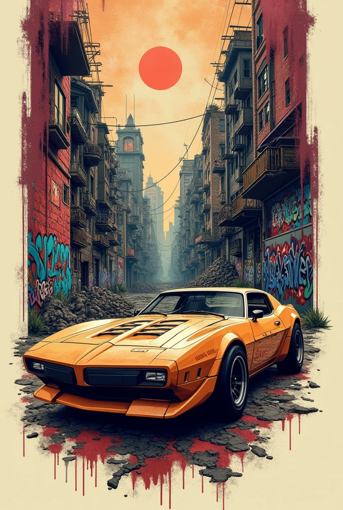 Please create a tattoo for the forearm, with a car called square goal in a chaotic city with ruined buildings and full of graffiti