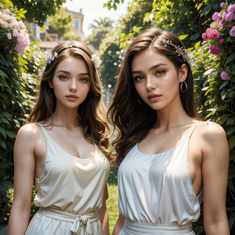 (masterpiece, best quality:1.5), highest quality, High resolution, super detailed, Realists, Upper body photo of a brunette 22 year old woman, detailed and beautiful eyes, beautiful detailed lips, very detailed eyes and face, longeyelashes, 22 year old woman wearing a tank top and white pants, Beautiful and colorful makeup, elegant and noble々Pose,shiny satin headband, grind, Holding flowers, Gardens as background, soft daylight, bright colors, fine brushstrokes, Portrait style, Noble details in the dress fabric, beautiful color palette, glowing skin, First-class rendering, that captures every detail, enchanting atmosphere, subtle shadows and lights, (perfect anatomy:1.2), (The two stunning women in tank tops. Exchange glances. (magnificent panorama view:1.2)