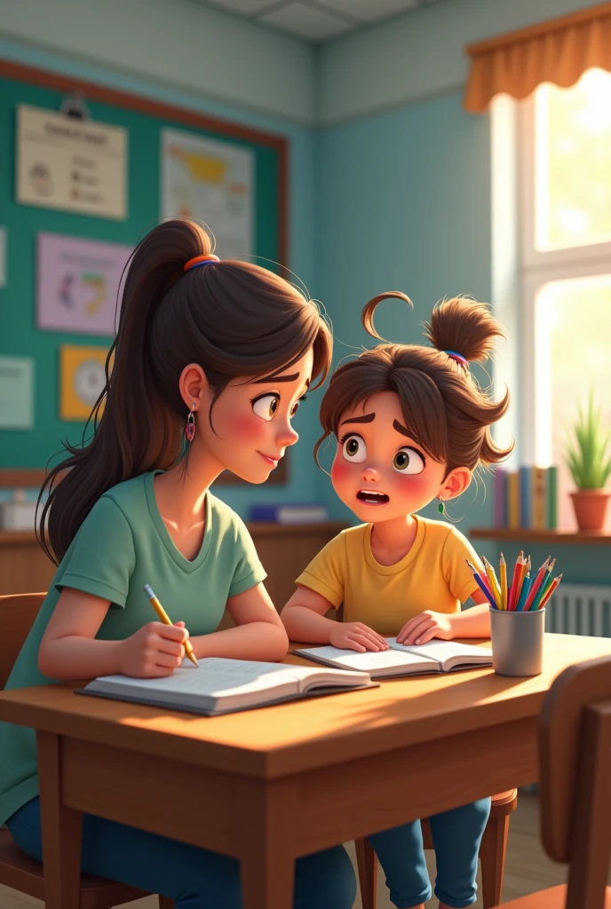 In class the little one boy and in front of young lady teacher happy conversation 
