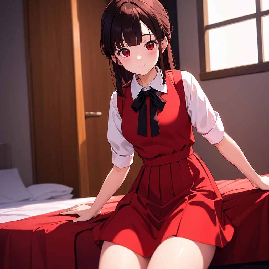 masterpiece, high resolution, high quality, Extremely detailed, Red mini skirt, Black Ribbon, White shirt,