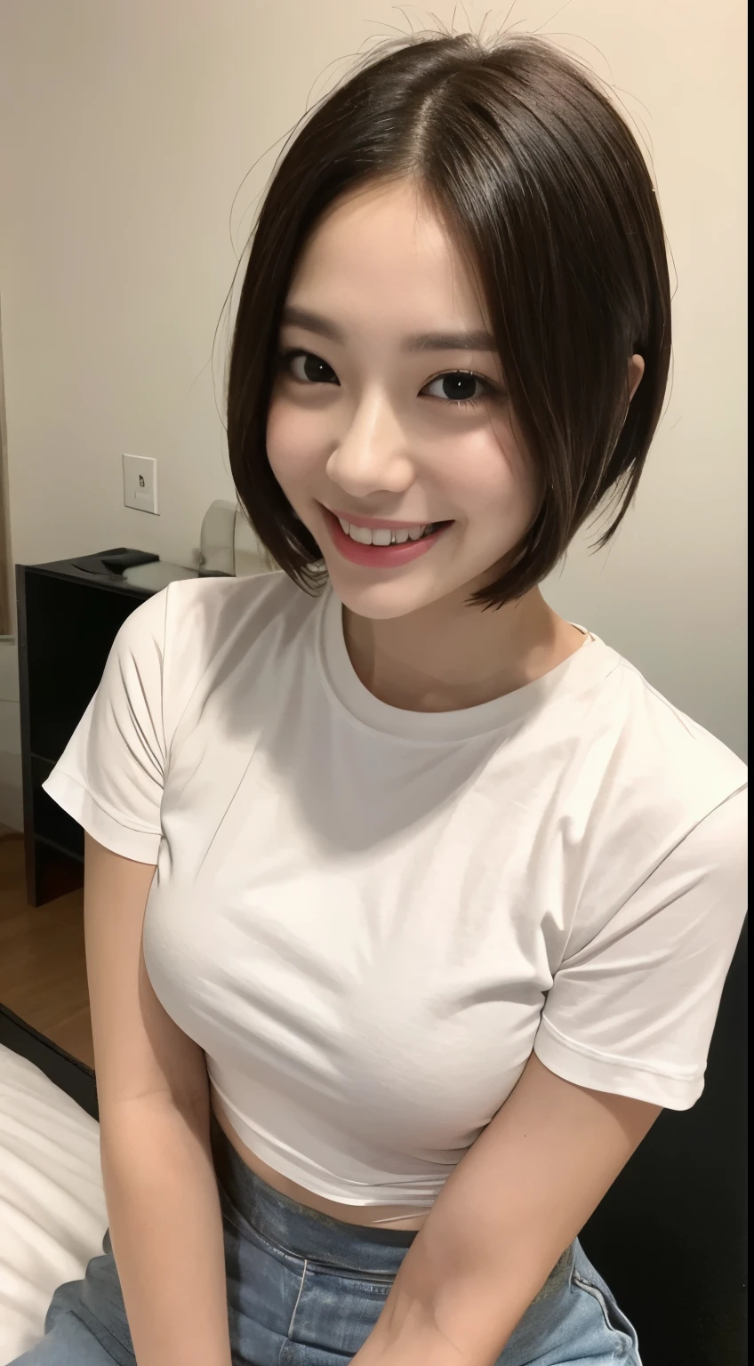 White tight shirt、White mini skirt、bed、smile、Short sleeve、High resolution、Korean idol face、double eyelid、White teeth、short hair、Kuroku