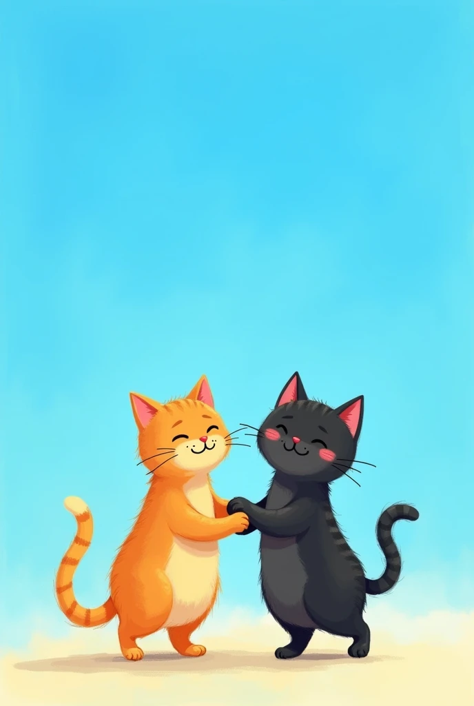 I want a picture, of two drawn cats, one orange and the other black, that they are walking holding more hands, very much in love, The blue sky 