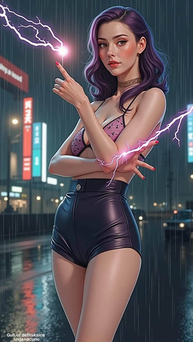 (at night), alone, in a video game scene a background of a beautiful city during the day raining, standing at attention, purple hair, lightning behind her, lightning coming out of her hand ((purple hair)), 1 girl, alone, 20 years old, young woman, perfect hands, beautiful and perfect fingers, long beautiful legs, perfect legs, beautiful body, beautiful nose, beautiful character design, perfect face, look at the viewer with a serious gesture and in a standing position attack (focusing on his face), closed mouth, Light_Smile, official art, extremely detailed CG unity 8k wallpaper, perfect lighting, bright and colorful front lighting, glowing skin (masterpiece: 1.0), (best_quality: 1.0), resolution ultra high, 4K, ultra detailed photography, 8K, HDR, high resolution, nonsense: 1.2, Kodak portra 400, film grain, blurred background, bokeh: 1.2, lens flare, (vibrant_color:1.2), professional photography, (beautiful_face : 1.5), (narrow waist),
