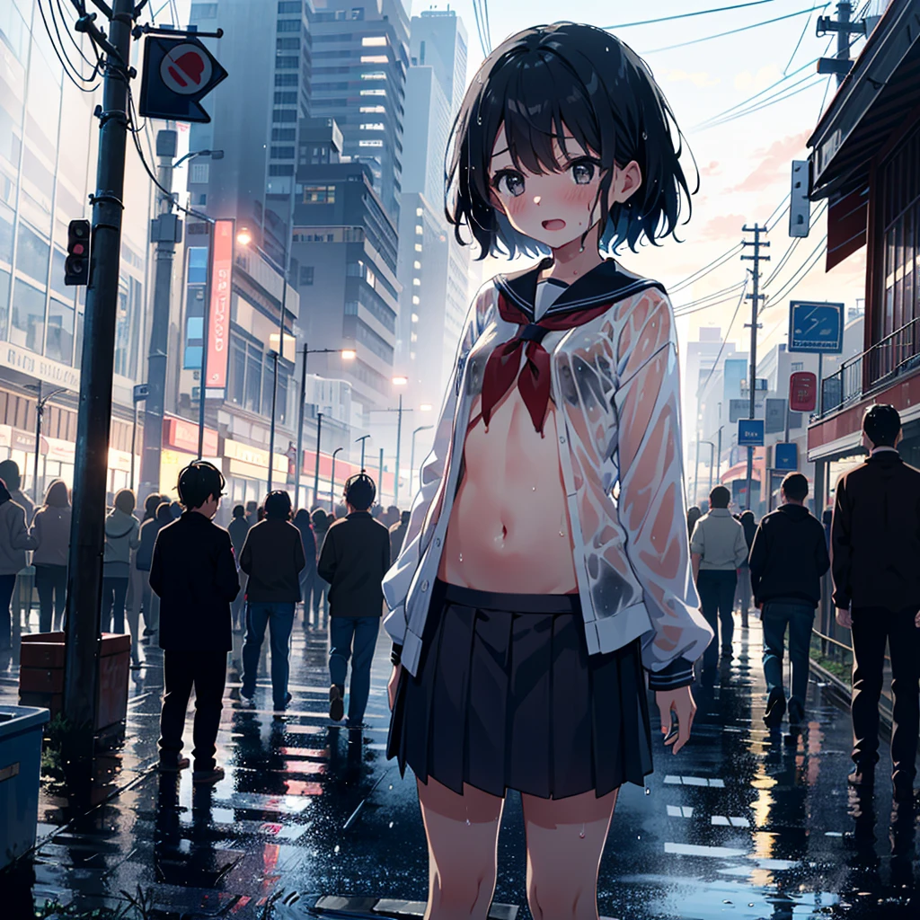 1 girl, solo, small breasts, school uniform, squeezing clothes, 7 , young, child, stg, wet clothes, wet hair, wet skirt, panoramic shot, looking away, confusion, crowd, open mouth, street, navel, (detailed droopy gray eyes: 1.1),
Very aesthetic, absurd, Gravure, (temptation pose: 0.9), (ecstasy: 0.9), embarrassing, blushing