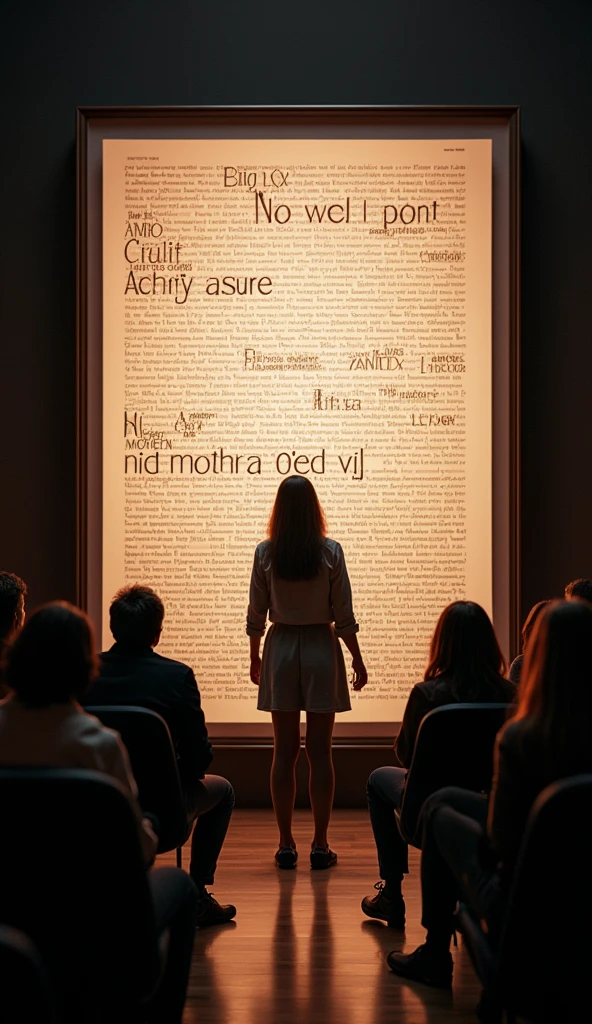 masterpiece, Highest image quality, photo realistic, Raw photo, full body photo, (in the theater, girl explain the big Typography poster to people, girl stand in front of the typography poster, many people look at the girl, girl facing the view, many word and design on typography poster)