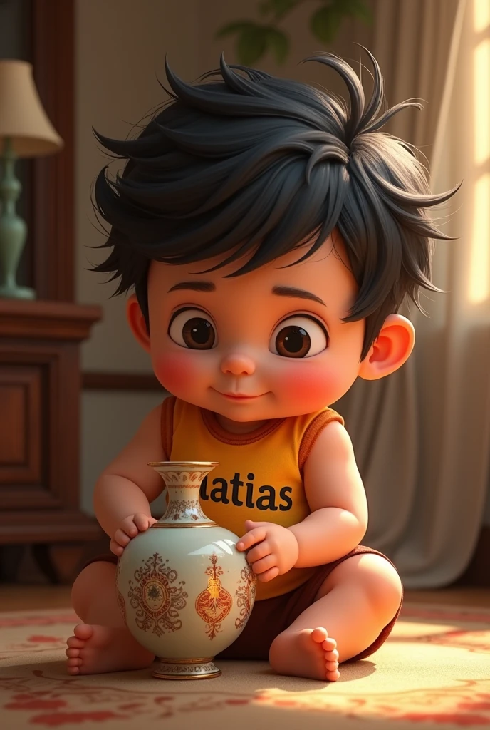 A baby in a sleeveless shirt that says Matías playing with a delicate vase