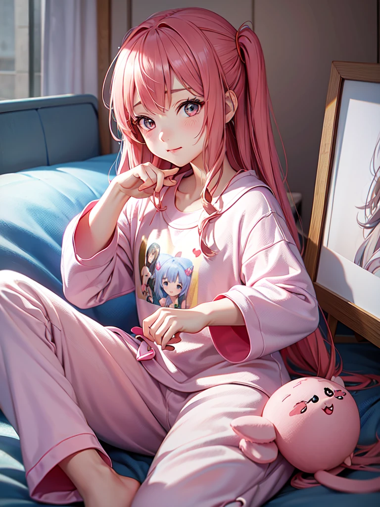 Anime girl in pajamas poses for a photo with hearts in the background, Cute realistic portrait, Created by Anime Painter Studio, Digital anime illustration, Painted in an anime artist&#39;s studio, Ilya Kuvshinov. 4k yen, Smooth anime CG art, cute portrait, cute anime Portrait of a Girl, 🤤 Portrait of a Girl, Anime style portrait, Ilya Kuvshinov with long hair
