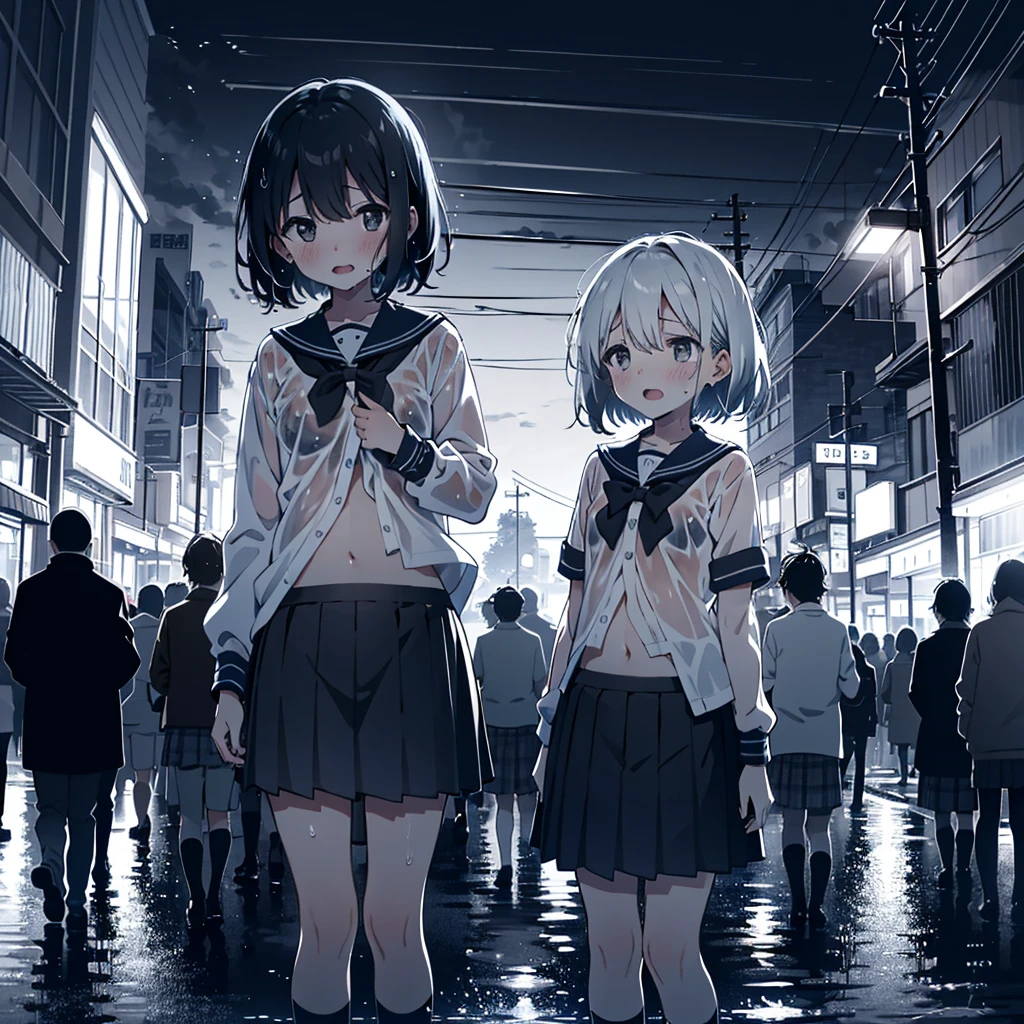 1 girl, solo, small breasts, school uniform, squeezing clothes, 7 years old, young, child, standing, wet clothes, wet hair, wet skirt, panoramic shot, looking away, confusion, crowd, open mouth, street, navel, (detailed droopy gray eyes: 1.1),
Very aesthetic, absurd, Gravure, (temptation pose: 0.9), (ecstasy: 0.9), embarrassing, blushing