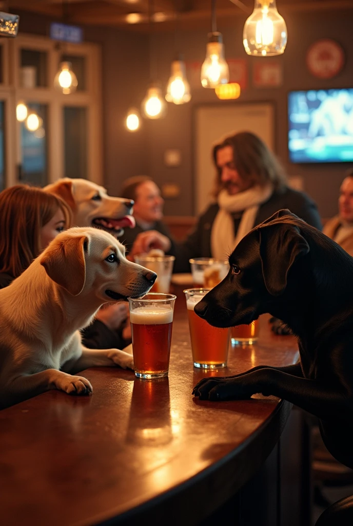Many dogs in a bar drinking beer
