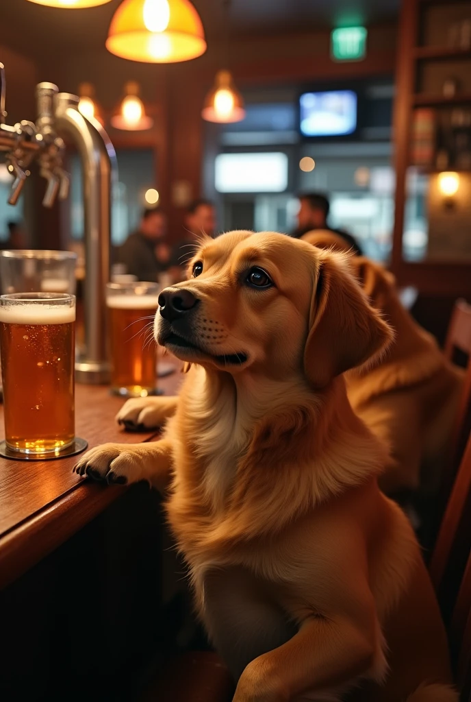 Many dogs in a bar drinking beer