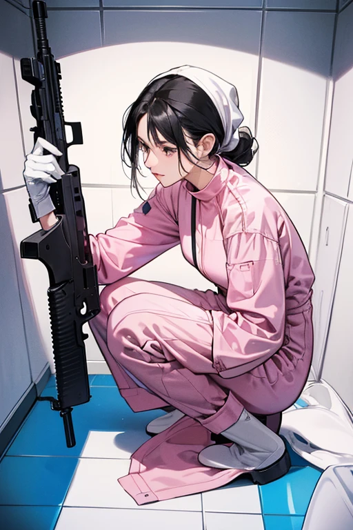 A mature woman with black hair tied up, wearing large pink rubber gloves, a white cloth wrapped around her head, blue long-sleeved jumpsuits, white rubber boots, and holding a submachine gun in the bathroom