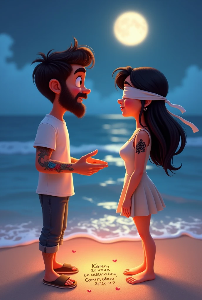 A cartoon-like image from Pixar with a couple on the beach at night, The man has a beard and short brown hair., wear white short sleeve shirt ,He has a tattoo of a phoenix all along his arm., She has long black hair and wears a short dress and has a tattoo of a black rose along her arm, The man is removing a blindfold from her eyes, in the sand it says: Karen will you marry me??, The phrase in the sand has to be in Spanish