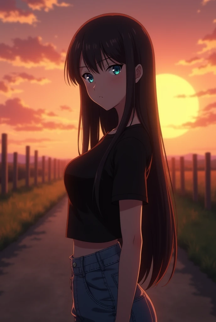 Captura de pantalla de kimetsu no yaiba, women, long straight dark hair, foxy eyes color azul, small black pupils, small nose, pretty lips, a little serious face, wearing a black top with denim cargo pants, teenager, side pose, neutral expression. Background of a sunrise