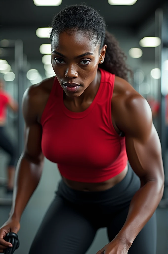 Realistic image of a dark-skinned woman wearing sportswear, black pants and a red shirt inside a gym 