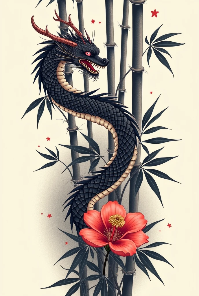 A colorless tattoo where you can detail bamboos along with a dragon and the Japanese-style hell flower