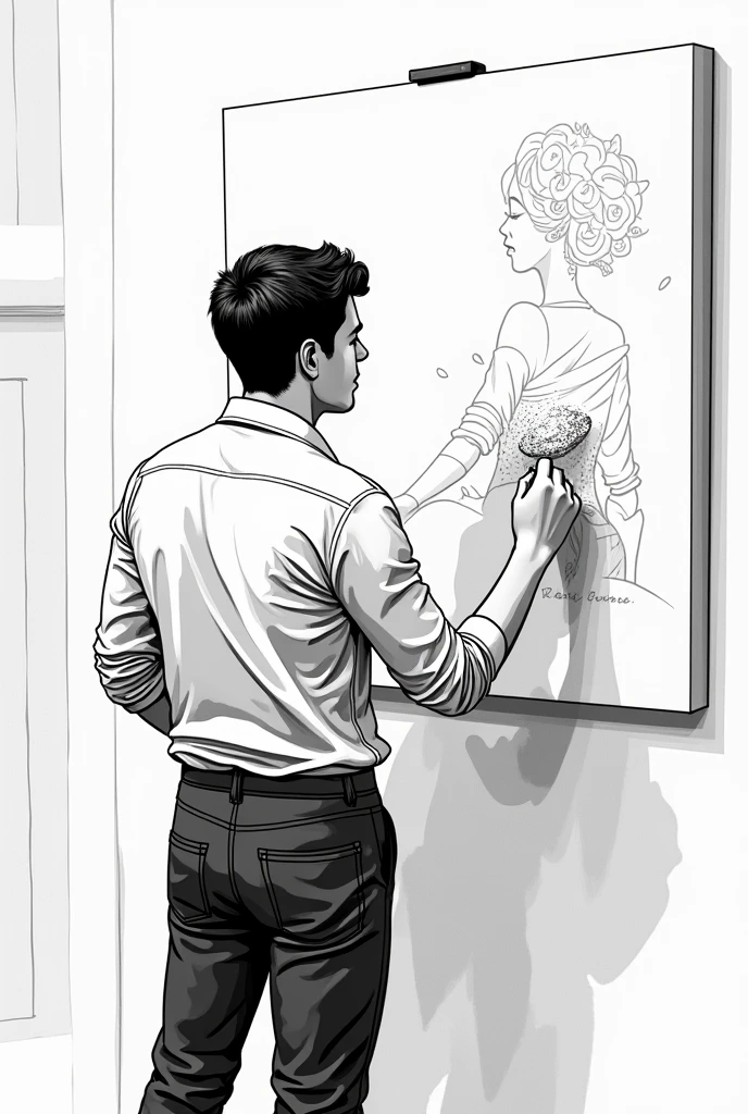 Make me a black and white illustration in which you can see a young man with his back turned painting on a mural, symbolizing art and elegance.


