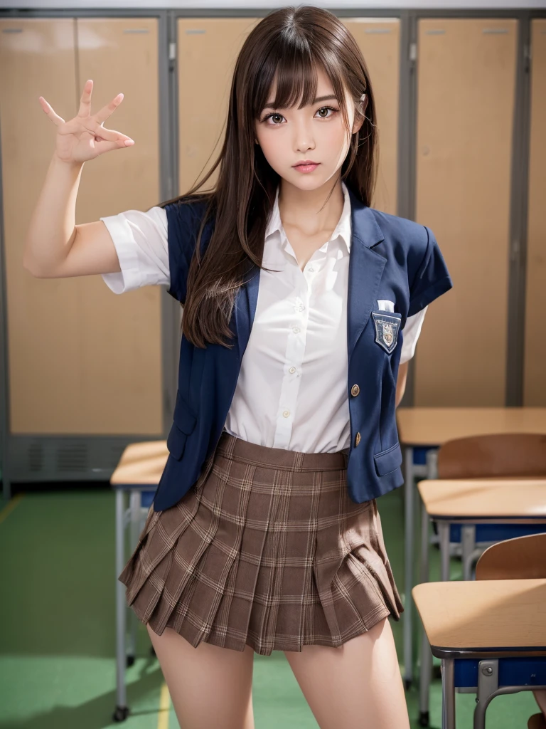 masterpiece,Highest quality,1 girl,Cowboy Shot,Front view,Young and pretty girl in Japan,A small smile,((High school classroom:1.5)),Daytime,((High school classroom:1.5)),((locker room:1.2)),((Schoolyard:1.4)),Schoolgirl uniform,Summer clothes,blazer,wear,wear a super super short blue plaid pleated micro mini skirt,No underwear,Very cute face,Glossy Lips,Double eyelids on both eyes,(Natural Makeup),Shiny, smooth, long light brown hair,Asymmetrical bangs,Center image,8k resolution,Attention to detail,Detailed hairstyle,Detailed face,Cinema Lighting,Octane Rendering,Ultra-realistic,Perfect limbs,Beautiful legs,Voluptuous thighs,Huge breasts,(Glowing Skin,Sweaty:1.3)Perfect Anatomy,Spread your legs,((Provocative dynamic pose:1.5)),Skirt flip