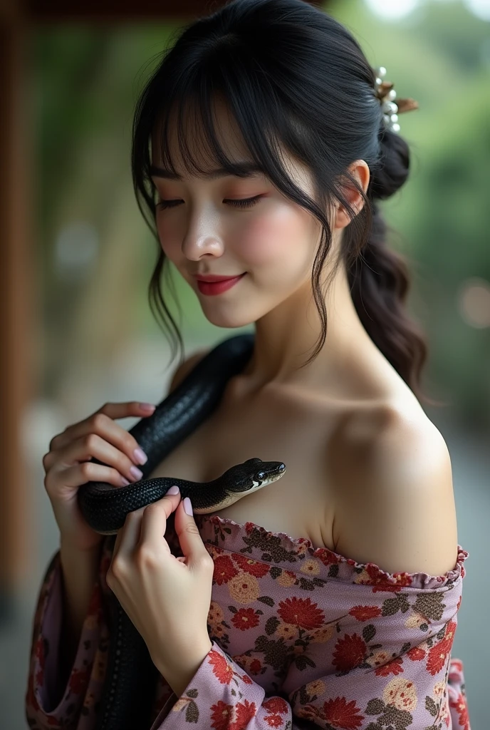 Fine and smooth hair,Neat but Loose Bangs,Beautiful woman puts black python on her body,Smooth snake,(Python clings to skin:1.15),(Petting a python:0.9),Upper Body,(Wearing only off-shoulder kimonos:1.05),Smile,Beautiful lips,Close your eyes,Hollywood special effects,masterpiece,European beauties under soft light effect,(cleveage:0.9),HD Wallpapers,Background blur,Japanese Alley Background,Bamboo forest in the distance,Dark feeling,Gray sky