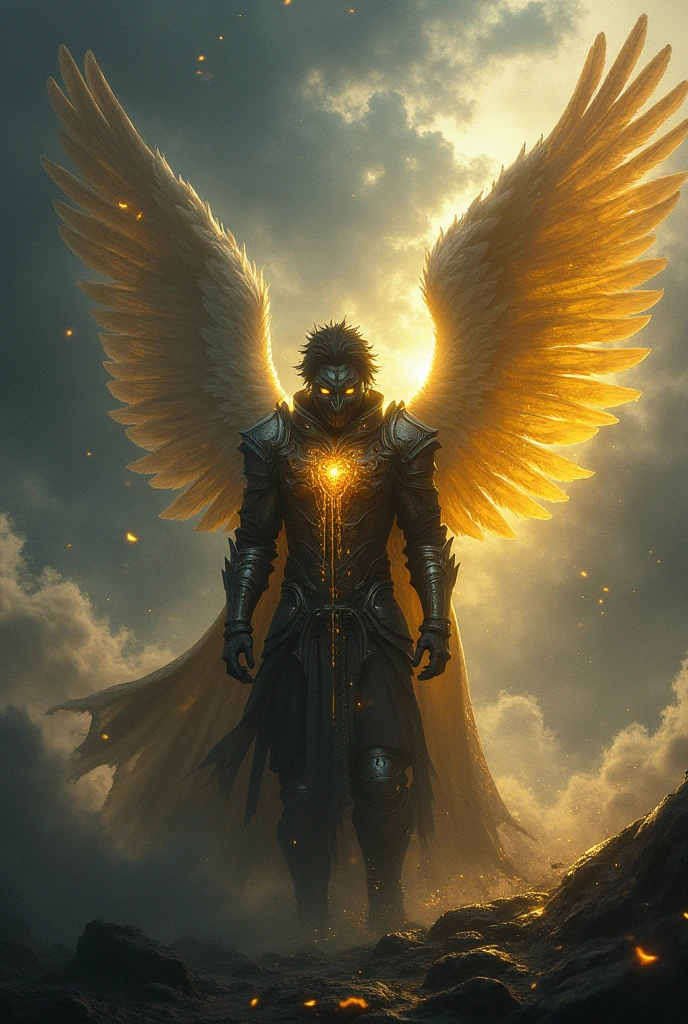 Male Angel soldier with a mask crying shining golden tears with a hand on his broken heart that shows throw his body, he has one wing on the left that shines bright gold but the wing on the left is torn and broken and the light is dim, he is sad and on his knees in a storm