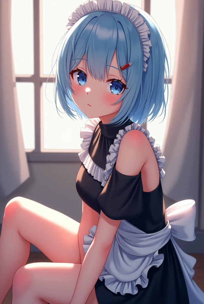 poster, text, cover, ((poster cover)), ((magazine cover)), masterpiece, superlative, Spring dress, Colored hair, magazine cover, Upper Body, 1 girl, maid outfit, Light blue short hair, Black suit, maid outfit, floor, Off-shoulder, blue eyes, Hairpin, whole body, sitting on floor, ((Right bangs comb))), window, Sunlight, (Symmetrical eyes) magazine cover, Upper Body