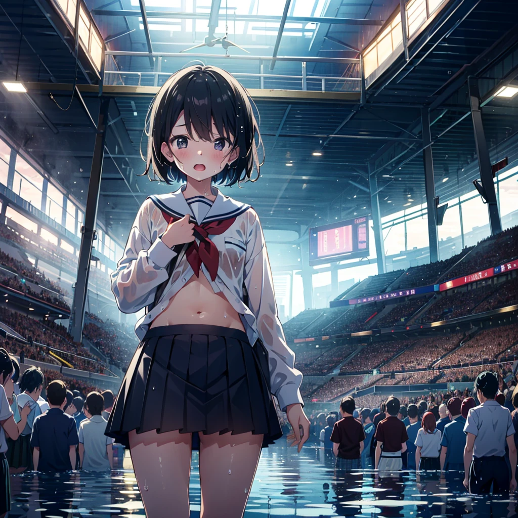 1 girl, solo, small breasts, school uniform, squeezing clothes, 7 years old, young, child, standing, wet clothes, wet hair, wet skirt, panoramic shot, looking away, confusion, crowd, open mouth, roofed area, navel, (detailed droopy gray eyes: 1.1),
Very aesthetic, absurd, Gravure, (temptation pose: 0.9), (ecstasy: 0.9), embarrassing, blushing