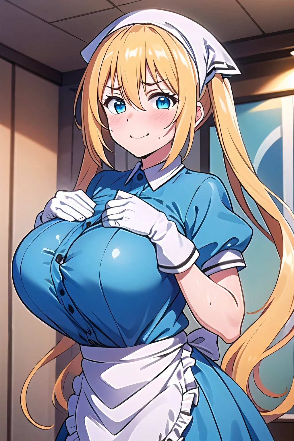 (masterpiece, best quality:1.2), 独奏, 1girl, hinata kaho, smile, looking at viewer, twintails, head scarf, waitress, frills, blue shirt, waist apron, puffy short sleeves, blue skirt, thighhighs, white gloves,(huge breasts:1.4),(large round breasts),busty,sporty,athletic body,Toned body,Slender,Slender body,Large breasts,(Poses that accentuate large breasts),Nice body,Stylish,sweat,steam,breath,(frustrated),Troubled face,blush,Estrus,((breast squeeze)),(Crush the chest),Exhaustion,Upper Body,Composition that emphasizes breasts,(Chest is highlighted),(Breast is shaking:1.4),((Breast shaking)),bouncing tits,((Bouncy Breasts)),Boing Boing