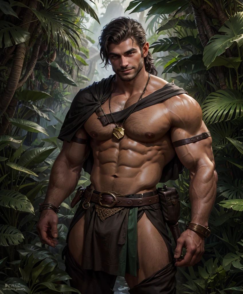 cinematic film still score_9, score_8_up, score_7_up, Jungle fantasy art.  Jungle themes.  Fantasy art character.  Very sexy smile.  Sexy and alluring man. Looks like an attractive male explorer dressed in medieval fantasy jungle attire in a tropical port town. Wears fantasy attire for a dark jungle fantasy setting.  Looks powerful and tough.  Looks like a dashing explorer for a dark fantasy setting.  Arrogant.    Long black hair that is well maintained.  Handsome facial features.  Upper body image.  Lots of personality.   Looks very attractive.   Ideal male physique.  Very muscular.. 