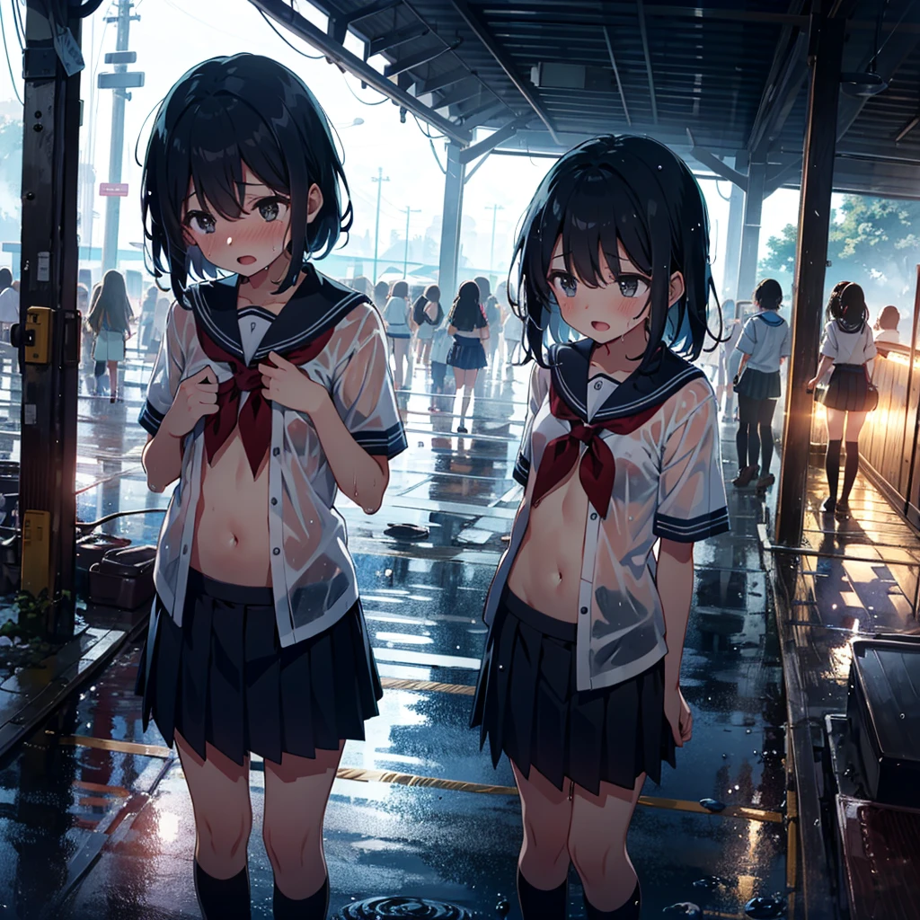 1 girl, solo, small breasts, school uniform, squeezing clothes, , young, child, standing, wet clothes, wet hair, wet skirt, panoramic shot, looking away, confusion, crowd, open mouth, roofed area, navel, (detailed droopy gray eyes: 1.1),
Very aesthetic, absurd, Gravure, (temptation pose: 0.9), (ecstasy: 0.9), embarrassing, blushing