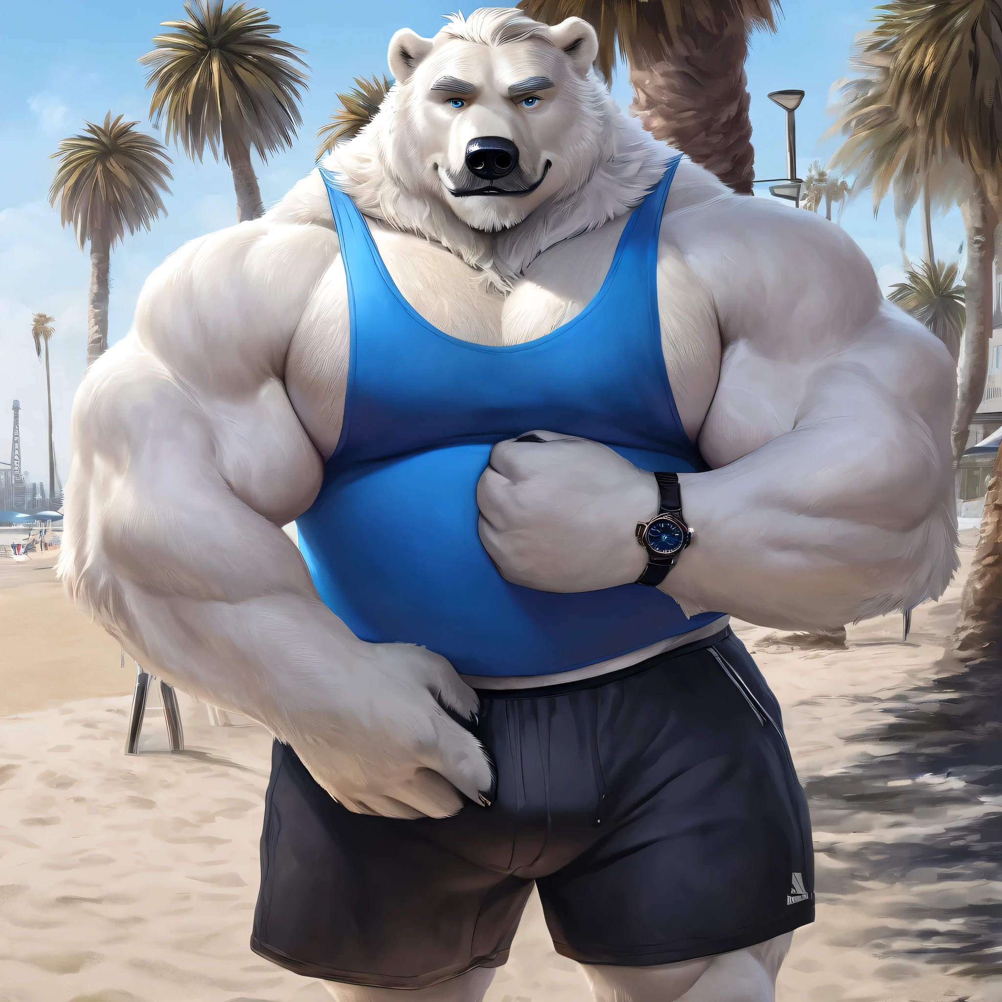 huge muscular polar bear in L.A. beach, big smirk, polar bear, huge white fur, thick arm, huge arm, white mustache, bearded white. white hair and beard, bearded, (muscular, pectoral, wide pectoral, thick arms), realistic, 8k, masterpiece, detailed grey eyebrows, detailed eyes with blue pupils, (wearing black shorts, wristband, watch, blue tank top and white shoes), forearm flexing