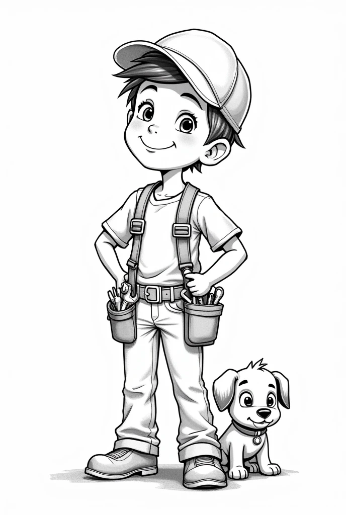 best quality, highres, masterpiece:1.2, ultra-detailed, cartoon :1.37. , white background, monochromatic, line drawing, sketch., ensuring the lines are clear and well-defined for easy coloring. Little boy wearing a tool belt ready to work with puppy