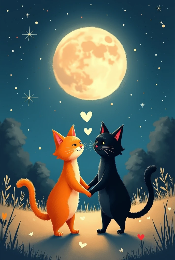 I want a picture, of two drawn cats, one orange and the other black, that they are walking holding more hands, very much in love, at night with a beautiful moon and hearts coming out of the cats