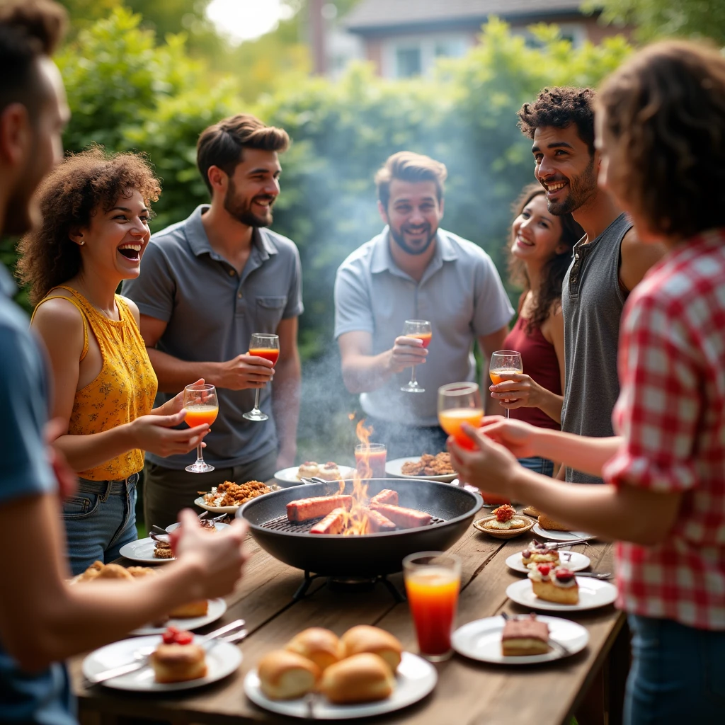 Image of people making a barbecue during the Chilean national holidays in a house that has artificial grass in the year 2024, with decoration of Chilean flags in the form of garlands
