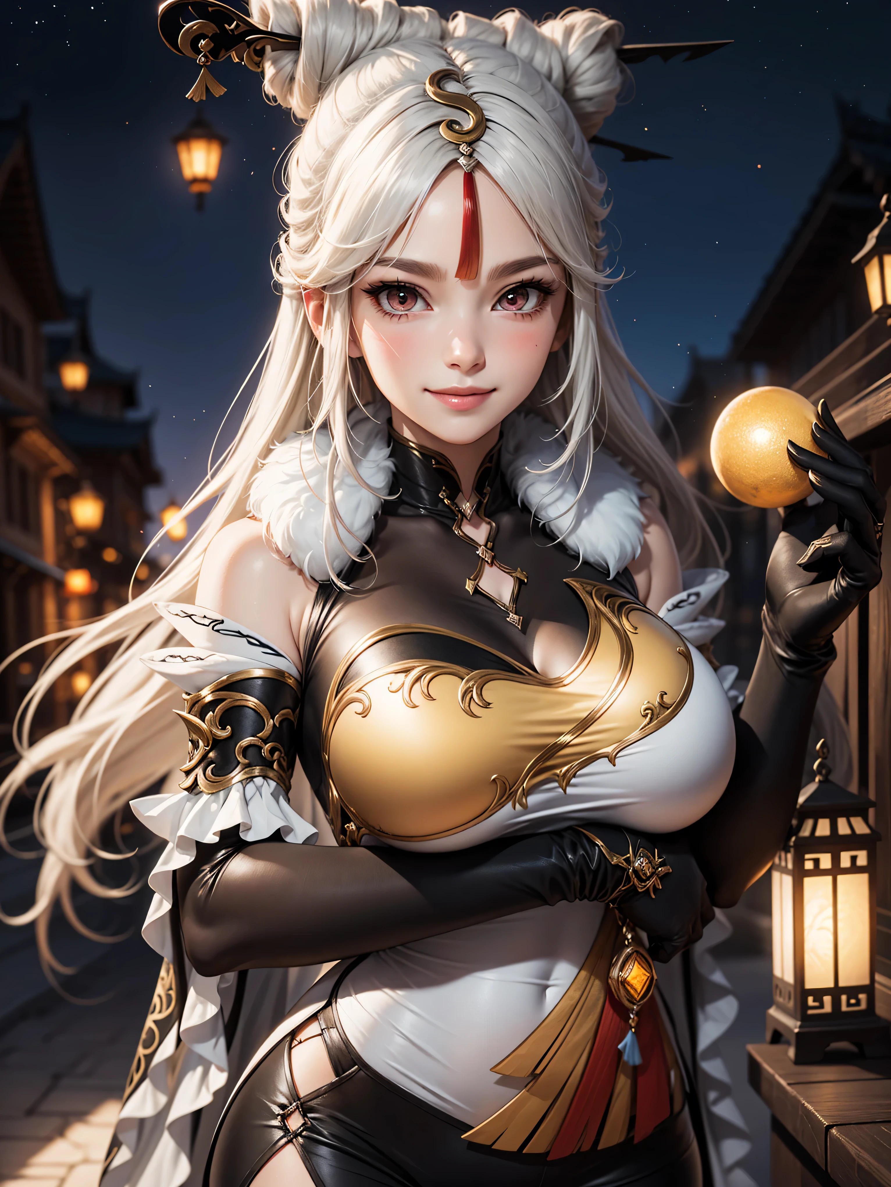 Masterpiece, high quality, 8k,detailed body, ultra detailed, detailed face, standing, blush, bright eye, outdoors, (detail face), ningguangdef, (gigantic breasts),(night), half body, smile,