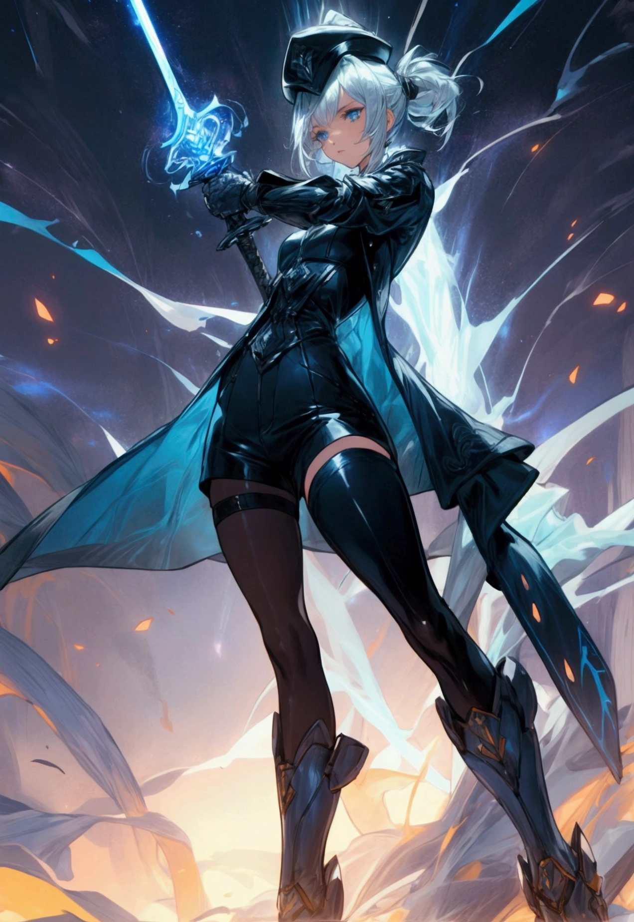 Create an image featuring a dynamic powerful female character with short ponytail silver hair and piercing blue eyes. She is wearing a detailed dark blue and black outfit with intricate white accents, including a high-collared modern style trench coat, armored shoulder pads, and a fitted bodice with ornate patterns and a commander hat. Her outfit also includes a shorts with layered fabric and thigh-high boots. The character is wielding a sword with a glowing tip, held confidently in her right hand. She stands in a powerful, poised stance with one foot slightly forward and her aura spread wide behind her. The aura are large and ethereal, resembling both space and time in shades of teal and blue lightning, giving the impression of both lightning and wind elements at play. The background is soft with light colors that complement the characterr's striking presence. sc-fi theme