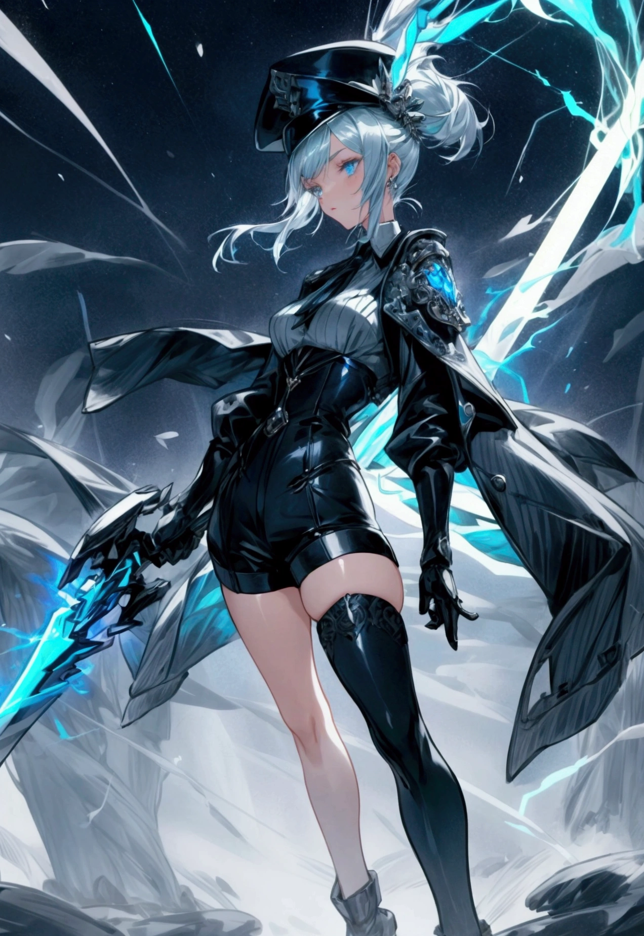 Create an image featuring a dynamic powerful female character with short ponytail silver hair and piercing blue eyes. She is wearing a detailed dark blue and black outfit with intricate white accents, including a high-collared modern style trench coat, armored shoulder pads, and a fitted bodice with ornate patterns and a commander hat. Her outfit also includes a shorts with layered fabric and thigh-high boots. The character is wielding a sword with a glowing tip, held confidently in her right hand. She stands in a powerful, poised stance with one foot slightly forward and her aura spread wide behind her. The aura are large and ethereal, resembling both space and time in shades of teal and blue lightning, giving the impression of both lightning and wind elements at play. The background is soft with light colors that complement the characterr's striking presence. sc-fi theme