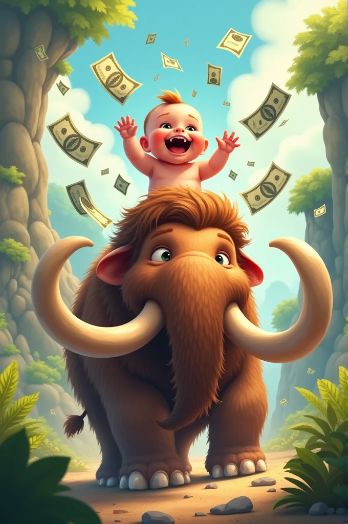 Baby rides mammoth and throws money around 