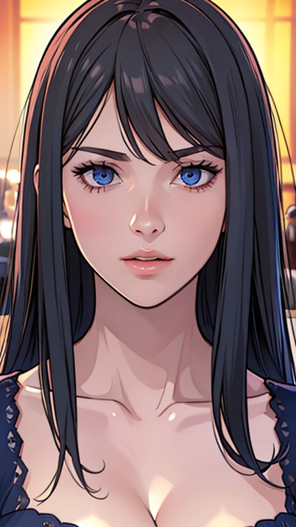 {8k image}, 1beautiful mature woman, 35 years old, highly detailed face and eyes, pointed nose, fleshy lips, triangular face, big hair with bangs (wine), blue eyes, {looking directly at the viewer}, {facing forward}, {perfect body}, cleavage, {perfect anatomy}, {image focused only on the face}, {face portrait}, detailed background