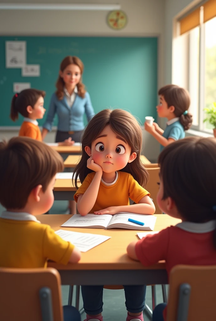 Create an image of a girl with dyslexia problems with her classmates and the teacher supporting her in the classroom through didactics 
