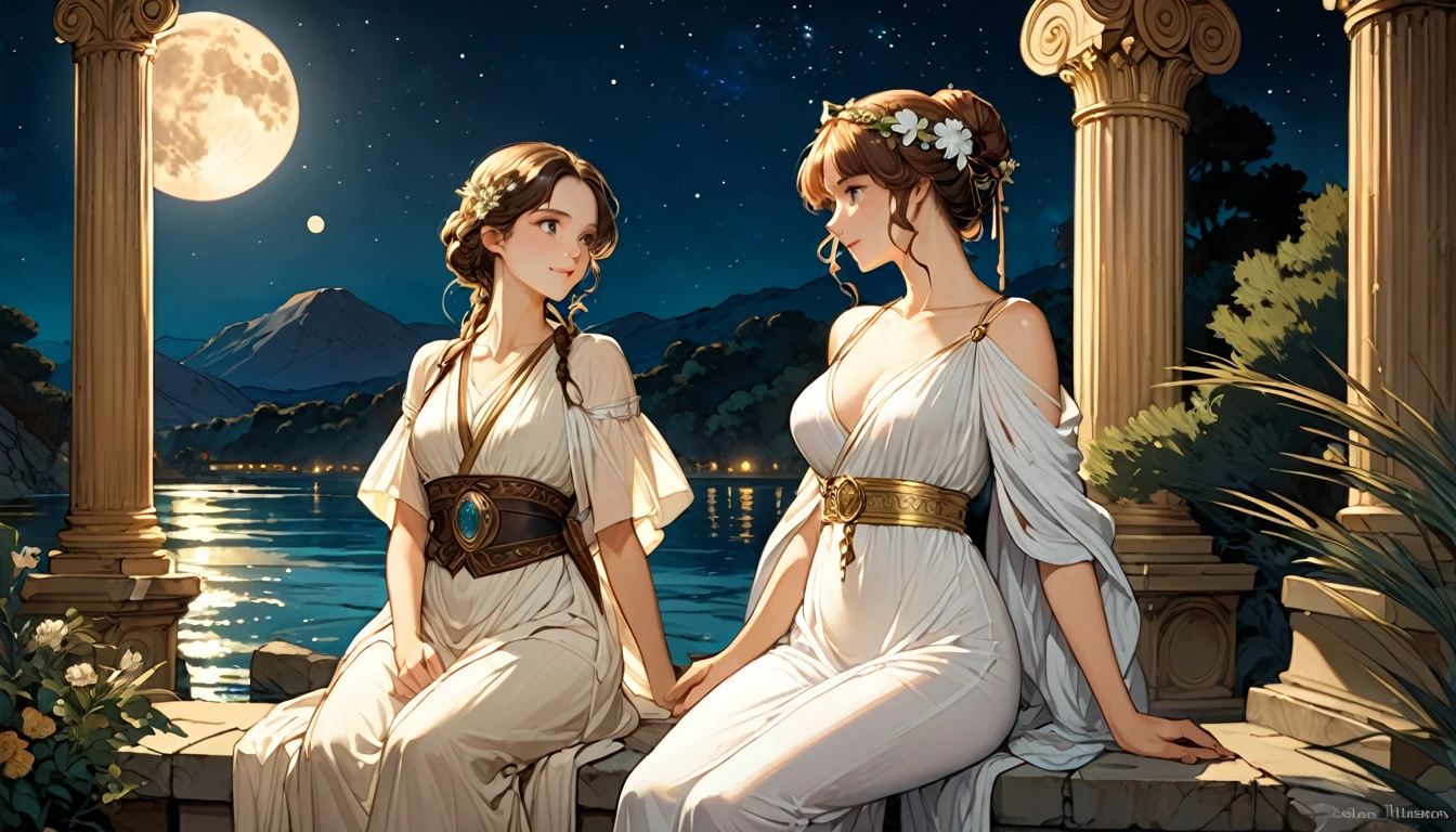 (Highest quality、High resolution、masterpiece)、4K Anime Art、(two women are sitting on a rock in the river、Facing each other、whole body、18-year-old)、(ancient greek scene) 、(Detailed depiction of a beautiful face)、Put your hair up、Captivating smile、(Ancient Greek Clothing、White tunic)、Movie Scenes、Soft Light、Ray Tracing、Soft Focus、greek architecture columns、greek pine、Classic atmosphere、Romantic atmosphere、Blur the background、(Full moon in the night sky:1.2)、(Alphonse Mucha Style)、(Edmund Leighton Style)、(alma tadema style)、(David Hamilton Style)、(Leonardo da Vinci Style)、