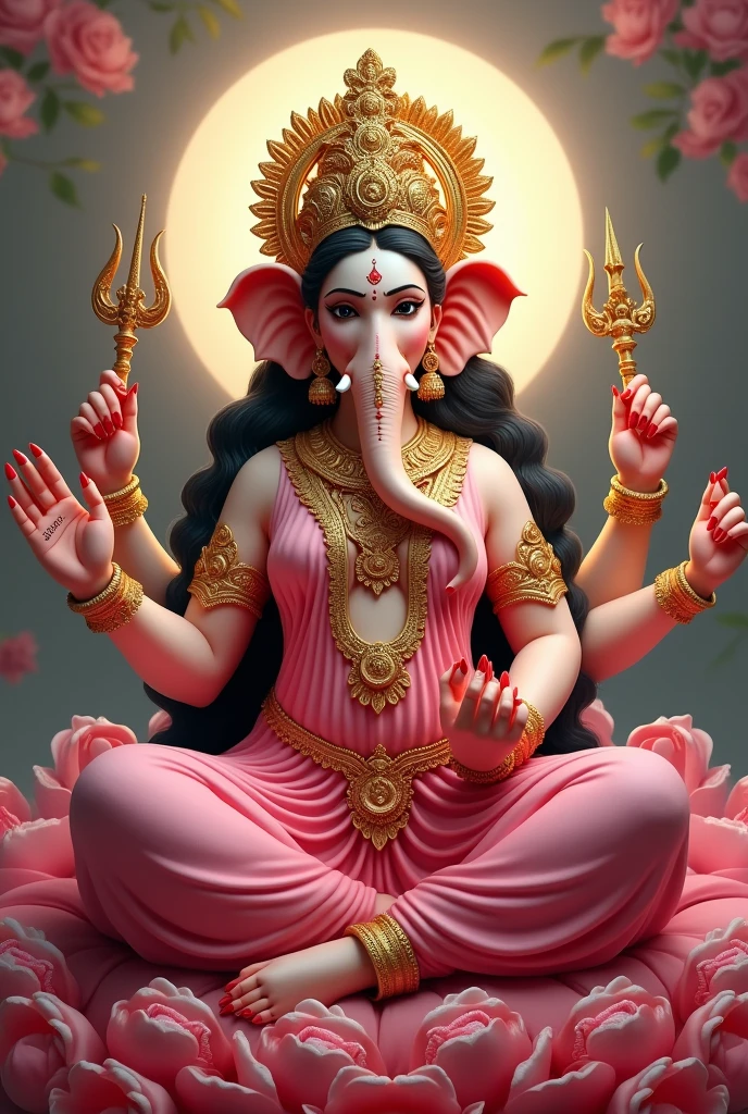 Goddess Uma Devi has piercing black eyes and wears a pink dress. She sits holding Lord Ganesha in a loving embrace. She has 4 hands on each side 5 fingers on each side. one hand holding gold One hand holding a lotus One hand holds a trident. One hand holding a lotus One hand holds a khan sitting on a red rose throne Surrounded by heavenly flower gardens 