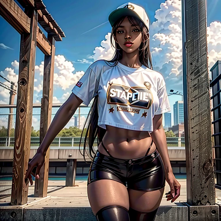 1 girl, Alone, brown skin, mujer de brown skin Parte superior del cuerpo, baseball cap, T-shirt, tomboy